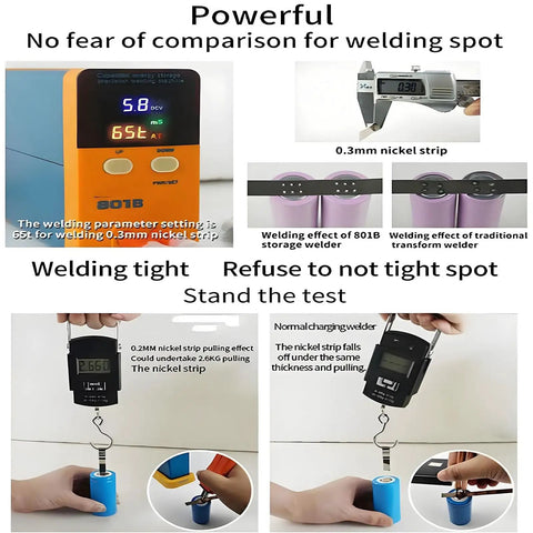 Pro Grade Portable Battery Spot Welder with Energy Storage Pulse Power up to 11.6KW display and nickel strip test results