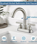 4 Inch Centerset Bathroom Faucet With Double Handles, Brushed Nickel Finish, 360 Degree Swivel Spout in modern bathroom