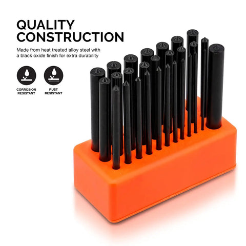 Transfer Punch Set With Premium Heat Treated Alloy Steel Punches 28 Piece Hole Punch Kit on orange base