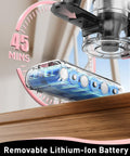 Cordless Vacuum Cleaner 8 In 1 With Beastly 45KPa Suction detachable battery close-up, showing 45 mins runtime, pink.