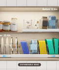 2 Pack Expandable Pots And Pans Lid Organizer Rack For Under Cabinet Storage With 9 Adjustable Dividers, White, Extends From 12.6 To 22.4 Inches, showing before and after adjustment with lids neatly arranged.