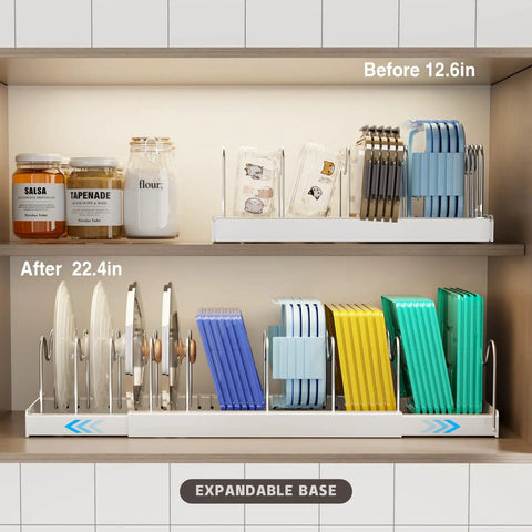 2 Pack Expandable Pots And Pans Lid Organizer Rack For Under Cabinet Storage With 9 Adjustable Dividers, White, Extends From 12.6 To 22.4 Inches, showing before and after adjustment with lids neatly arranged.