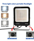 JUDYSSY New Led Floodlight Three-Color Light Adjustable Brightness Spotlight 100W showing three light colors and control features.
