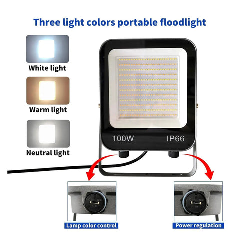 JUDYSSY New Led Floodlight Three-Color Light Adjustable Brightness Spotlight 100W showing three light colors and control features.