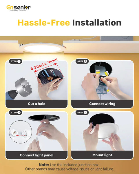 Installation steps for 48 Pack Slick 6 Inch LED Recessed Lights Delivering Hella Bright Output With Sleek Canless Wafer Design.