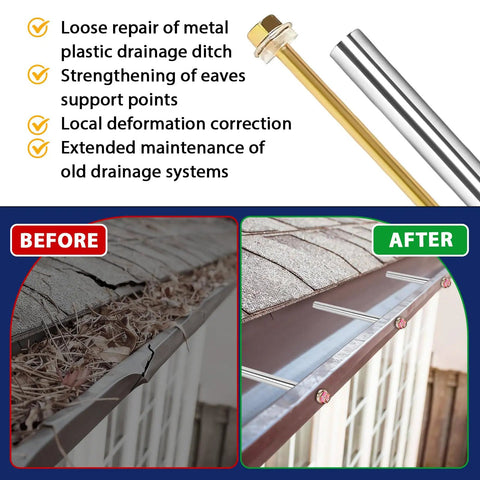 Before and after using Heavy Duty Gutter Repair Kit For 6 Inch Gutters, 30 Pack 8 Inch Screws And Nails With 304 Stainless Steel Sleeves.