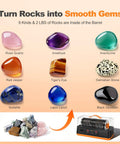 C1 Pro Ultra Brushless Rock Tumbler Kit With Dual Barrel, showing polished gems like amethyst, aventurine, and more.