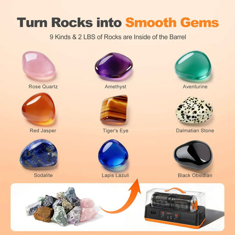 C1 Pro Ultra Brushless Rock Tumbler Kit With Dual Barrel, showing polished gems like amethyst, aventurine, and more.