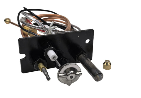 Gas fireplace pilot assembly with thermopile, mounting plate, wiring, and control knob.