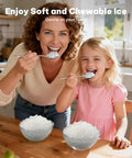 Mom and daughter enjoying soft chewable ice from bowls, showcasing Snappy Countertop Nugget Ice Maker With SelfClean Tech.