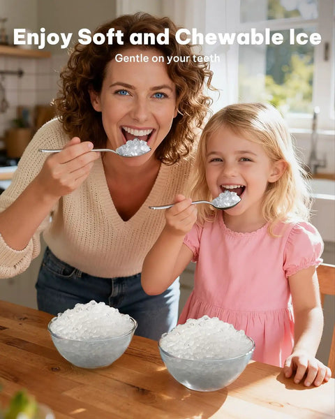Mom and daughter enjoying soft chewable ice from bowls, showcasing Snappy Countertop Nugget Ice Maker With SelfClean Tech.