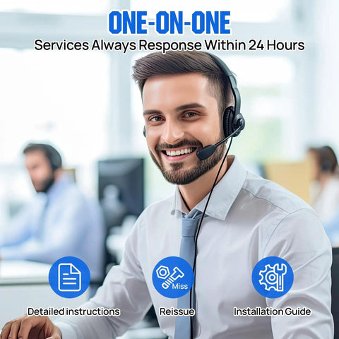 Customer service representative with headset providing one-on-one assistance in an office, text detailing services offered.