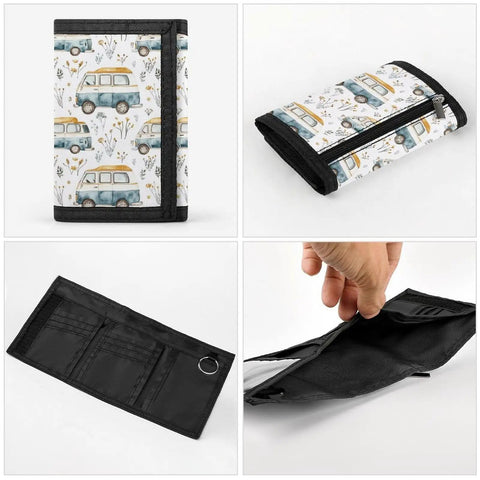 Trifold Wallet With ID Window And Card Holder Zipper Closure Lightweight Polyester with car print design