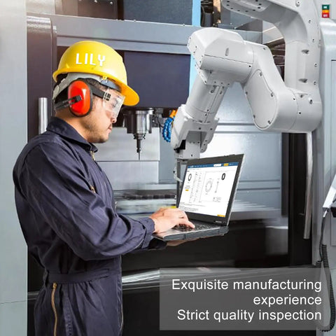 Factory worker with laptop operating robotic arm for Ten Piece Set Of 6905 2RS Ball Bearings 25x42x9mm manufacturing process