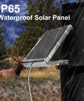 Beefy 12V Solar Panel for Deer Feeder Waterproof Battery Charger in rain with mounting bracket, trees and deer in background