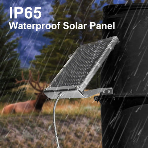 Beefy 12V Solar Panel for Deer Feeder Waterproof Battery Charger in rain with mounting bracket, trees and deer in background