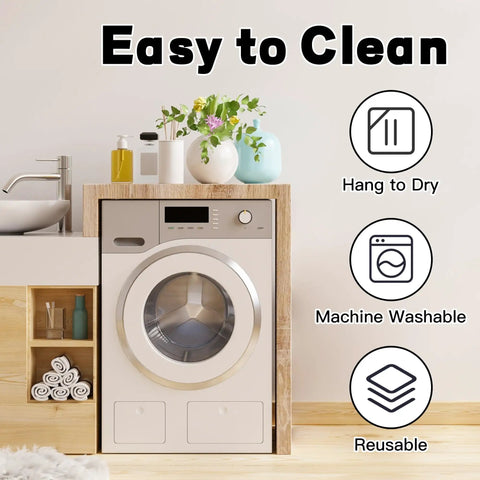 Laundry room with washer next to sink, decorative items on shelf, and text highlighting easy-to-clean features: hang dry, washable, reusable.