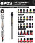 60 Piece Pivoting Flex Head T-Handle Ratchet Wrench Set With 72-Tooth Reversible Ratchet, One Quarter Inch Extension Bar, Socket Adapter