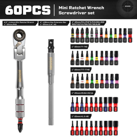 60 Piece Pivoting Flex Head T-Handle Ratchet Wrench Set With 72-Tooth Reversible Ratchet, One Quarter Inch Extension Bar, Socket Adapter