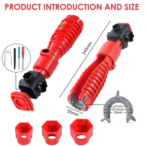 All In One Faucet And Sink Wrench Tool For Plumbing Installations, 25 in 1 Multifunctional Kit showing components and dimensions