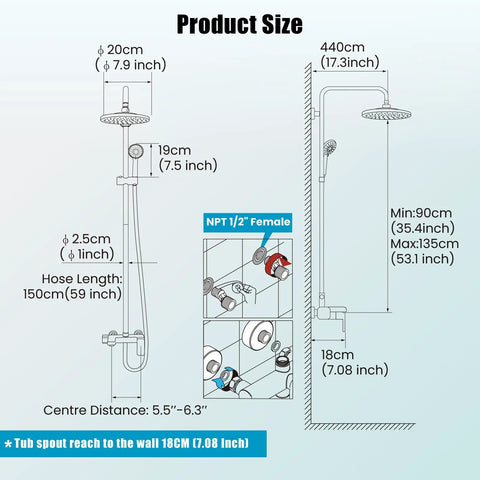 Diagram of Matte Black Exposed Shower Fixture Set With 3 In 1 Diverter Valve Brass Body showing dimensions and components.