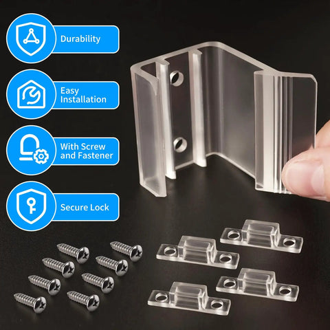 Heavy Duty Universal RV Sliding Closet Door Latches With Slick Hardware Kit, durable transparent latches with screws and fasteners.