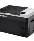 Portable 32 Quart 12 Volt Car Refrigerator And Electric Cooler, compact electric fridge in black design with control panel.