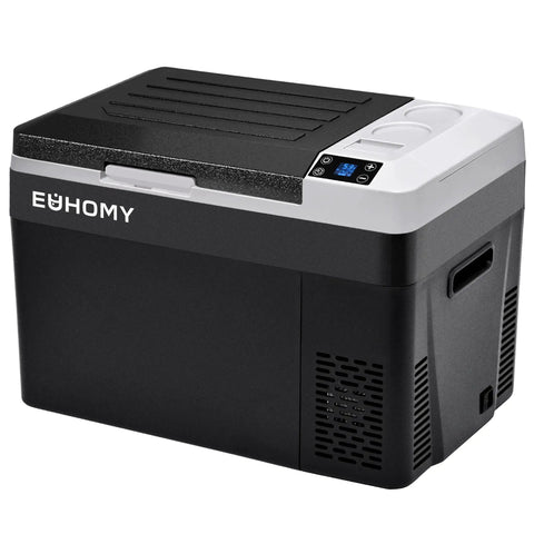 Portable 32 Quart 12 Volt Car Refrigerator And Electric Cooler, compact electric fridge in black design with control panel.