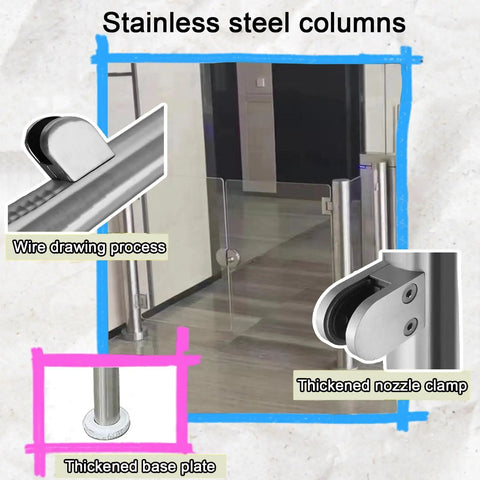 Top Shelf Metal Security Gate Featuring Heavy Duty Clear Acrylic Barriers For Warehouses Offices And Retail Spaces Built Tough With No Sweat Daily Operations, showing stainless steel columns and thickened base.