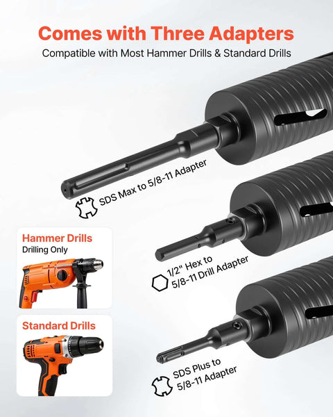 Angled side view of VEVOR 3-inch diamond dry core drill bit with three adapters for concrete