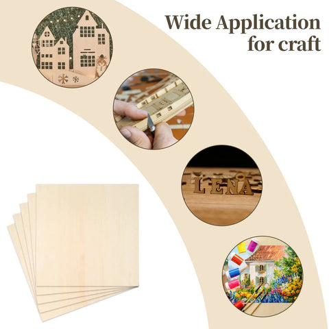 Image showcasing Five Pack 12 By 12 Inch Basswood Plywood Sheets One Sixteenth Inch Thick Unfinished Wood Blanks used for various crafts.