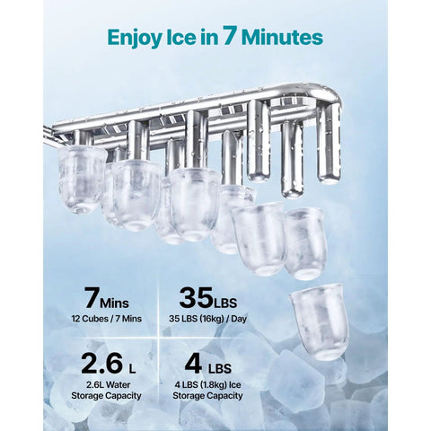 Effortless Countertop Water Dispenser And Rapid Ice Maker Cranking Out 35 Pounds Daily With Fresh Ice Cubes and Crushed Cut, showing ice making cycle and storage capacity.