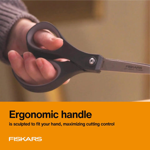 Left-Handed Titanium Scissors With Soft Grip Handle For Comfort And Precision, 8 Inch Stainless Steel Blades Built For Day-To-Day Home And Office Tasks Like Paper Cardboard Photos And More, shown in hand