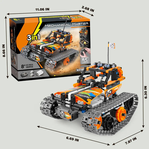 Three In One STEM Robot Kit For Kids Aged 8 To 12 With Remote Control Erector Set displaying tank model and packaging