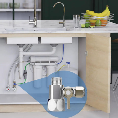 3-In-1 Universal Water Feed Adapter Kit installed under kitchen sink for RO systems, fridges, ice makers with G1/2 connectors