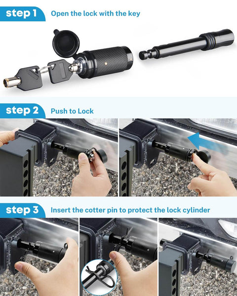 Installation steps of the 5 By 8 Inch Trailer Hitch Lock Pin With Keys Heavy Duty Locking Hitch Pin For Class III IV Tow RV Hitches