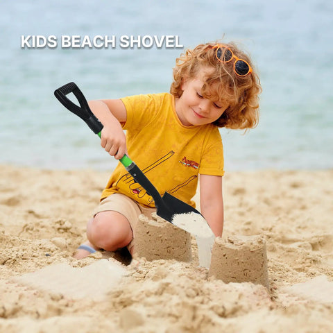 Child uses Kids Beach Shovel For Digging And Gardening 28 Inch Metal Shovel With Short Handle Durable Green on sandy beach