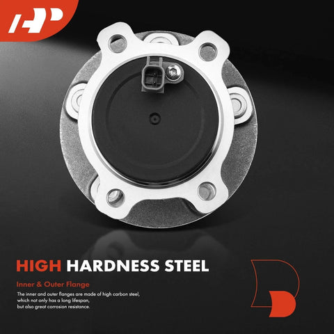 Two Pack Rear Wheel Bearing And Hub Assembly With ABS And 5-Lug For Ford Escape 2013 2019 C-Max 2013 2018 And Lincoln MKC 2015 2019 FWD Compatible Direct Fit Replacement For Easy Install And Long Lasting Durability, showing front view of high carbon steel flange.