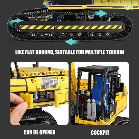 RC Excavator Building Set With 1830 Pieces, Remote Control Construction Vehicle Model, close-up of all-terrain tracks and cabin