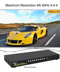 8 Port HDMI KVM Switch Delivering Smooth 4K 60Hz Video And USB 3.0 Ports, with black unit below a TV showing racing car.