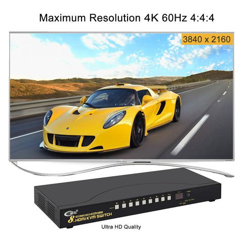 8 Port HDMI KVM Switch Delivering Smooth 4K 60Hz Video And USB 3.0 Ports, with black unit below a TV showing racing car.