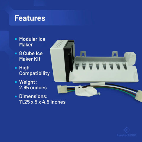 Replacement Icemaker For Whirlpool Refrigerator W10122502 626663 1016069 shown with features and dimensions on blue background.
