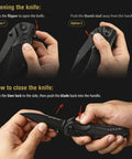 Instructions on opening and closing the Pink Pocket Knife For Women Self Defense 2.95 Inch Serrated Folding Blade 5 In 1 Tactical Knife