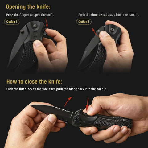 Instructions on opening and closing the Pink Pocket Knife For Women Self Defense 2.95 Inch Serrated Folding Blade 5 In 1 Tactical Knife