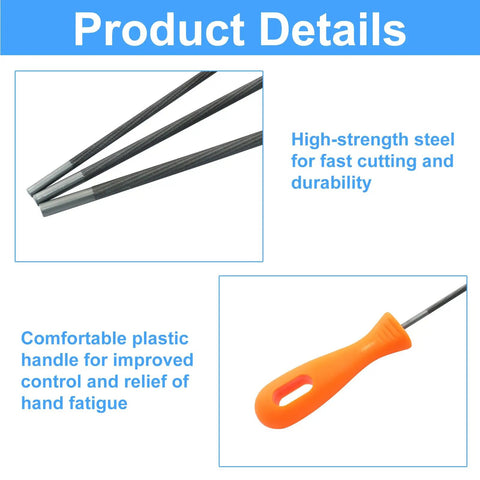 Three Pack Chainsaw Chain Sharpening File Set With Round Sharpener Rods In 5/32 3/16 And 7/32 Inch Sizes Pro Grade Steel File