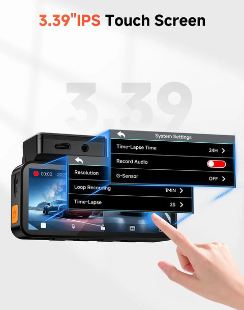 Dual Front And Rear Dash Cam With 4K Front And 2.5K Rear, 3.39-inch touchscreen interface, showing system settings menu