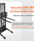 Heavy Duty Electric Pallet Stacker With 3300 Lb Load Capacity And 98 Inch Lift Height Adjustable Forks Compact Walkie forklift for warehouse use.