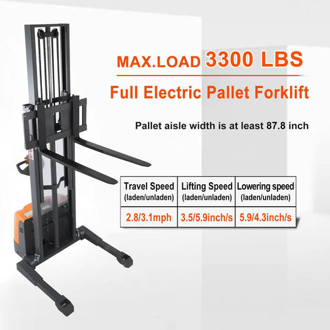 Heavy Duty Electric Pallet Stacker With 3300 Lb Load Capacity And 98 Inch Lift Height Adjustable Forks Compact Walkie forklift for warehouse use.