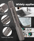 Heavy Duty Pipe Extractor Set For 1/8 Inch To 1 Inch Broken Screw Removal Tools Made From Tough Cr Mo Steel Includes Compact Storage Box Perfect For Any Plumbing Job Or DIY Break Fix Needs Today. Cr Mo steel pipe extractor with size markings and grip detail