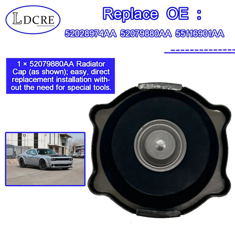 Dodge Radiator Cap Replacement For Journey, Challenger, Charger, Durango, Jeep Grand Cherokee And Chrysler PT Cruiser Plug And Play Cap Fits 52028974AA 52079880AA 55116901AA shown from top view.